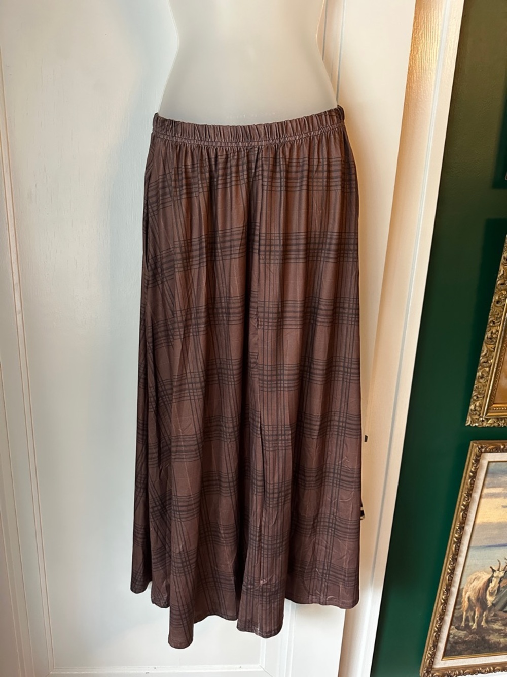 Plaid Brown Elastic-Waist Maxi Skirt